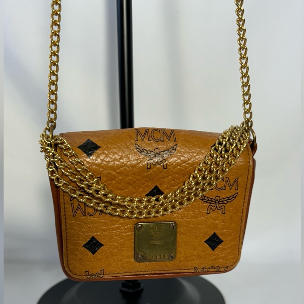 MCM Visetos Leather Logo Crossbody Bag Brass Tone Chain Strap w/ Dustbag